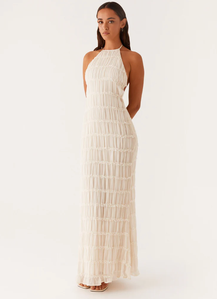 Willow - Elegant Women's Wedding Guest Maxi Dress with Halter Neck and Pleated Ruffle Detail