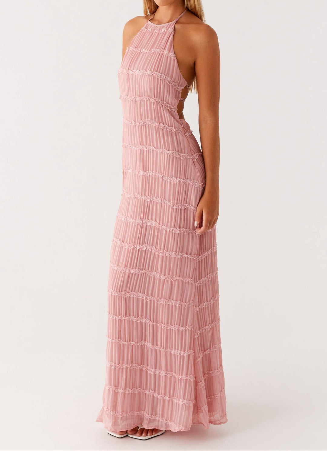 Willow - Elegant Women's Wedding Guest Maxi Dress with Halter Neck and Pleated Ruffle Detail
