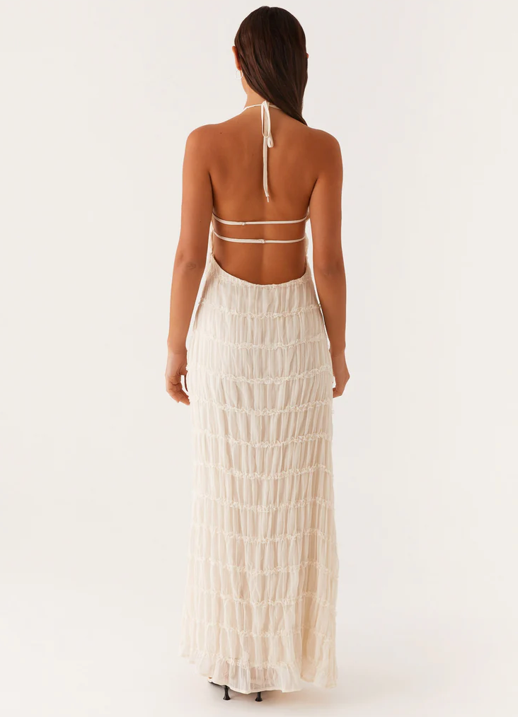 Willow - Elegant Women's Wedding Guest Maxi Dress with Halter Neck and Pleated Ruffle Detail
