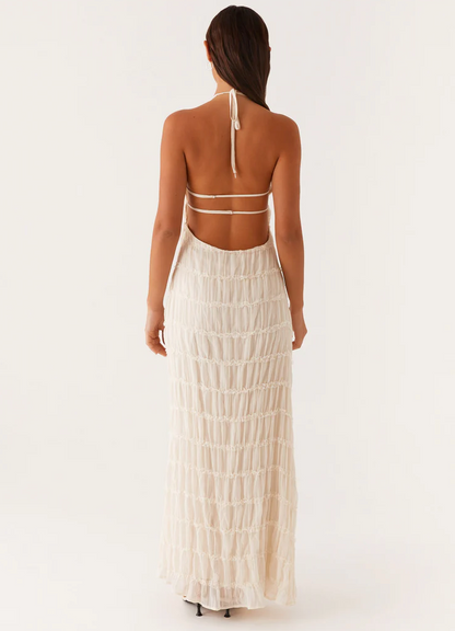 Willow - Elegant Women's Wedding Guest Maxi Dress with Halter Neck and Pleated Ruffle Detail