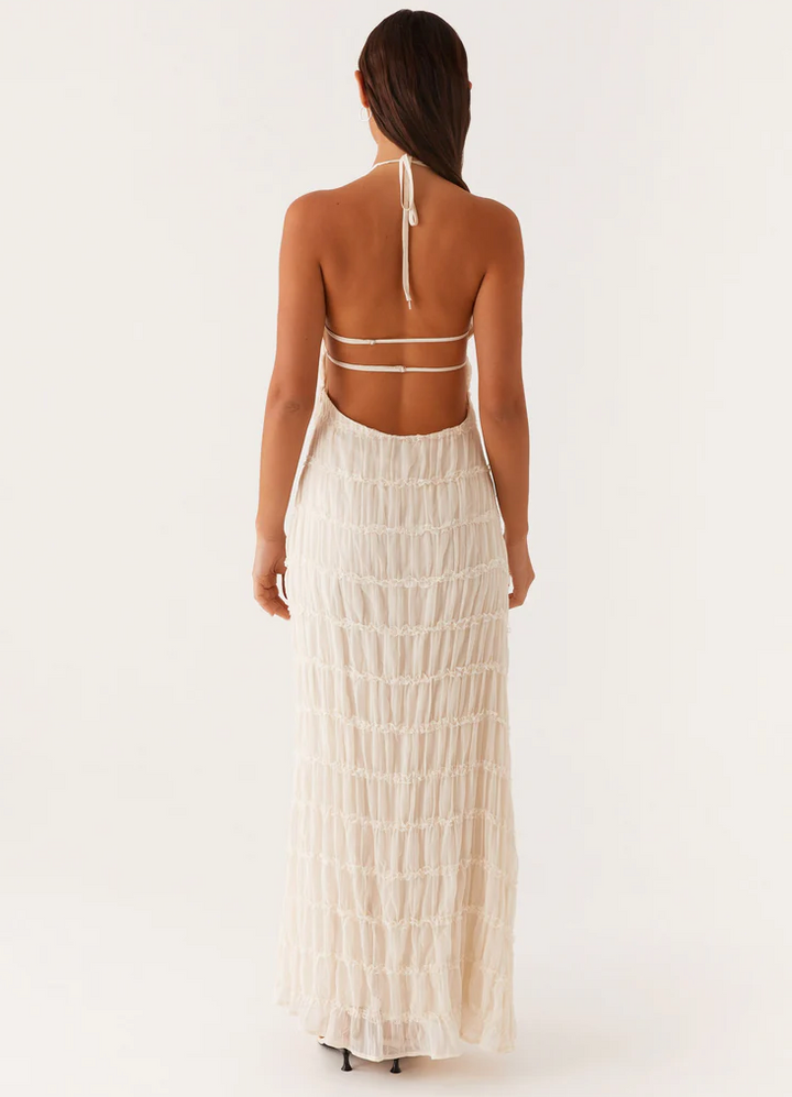 Willow - Elegant Women's Wedding Guest Maxi Dress with Halter Neck and Pleated Ruffle Detail