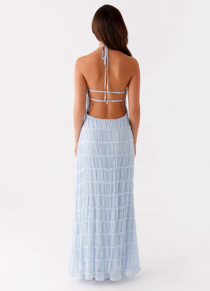 Willow - Elegant Women's Wedding Guest Maxi Dress with Halter Neck and Pleated Ruffle Detail