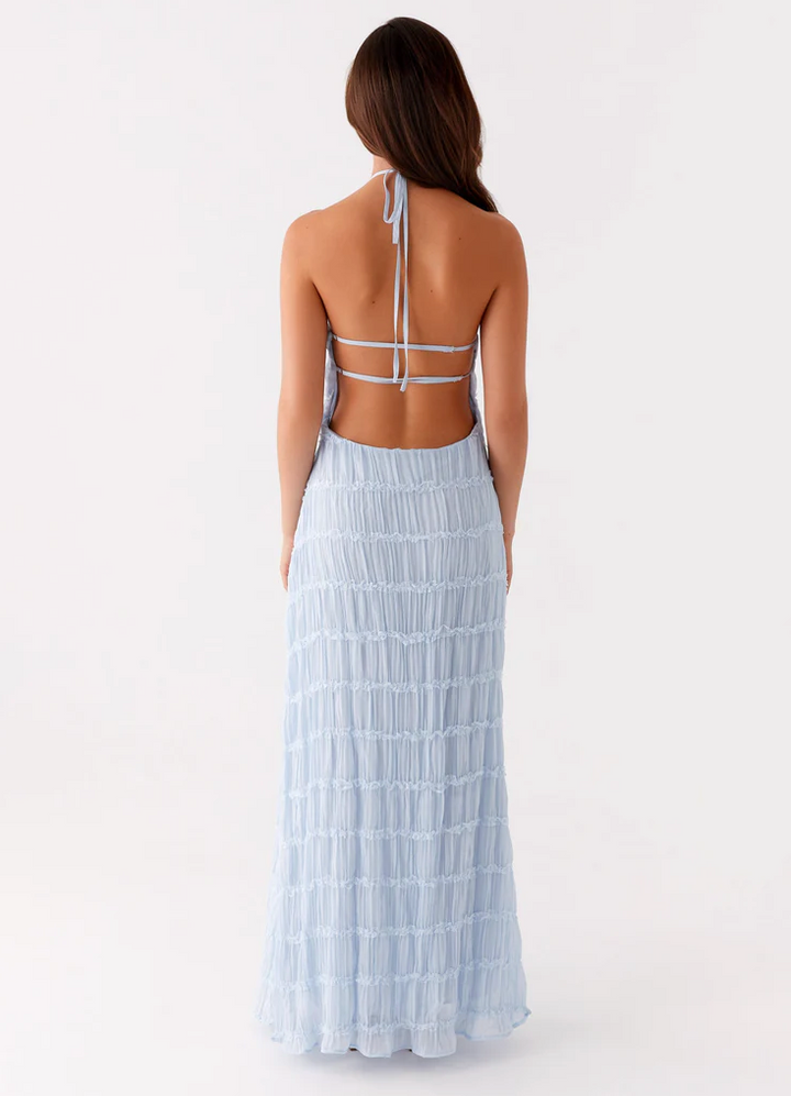 Willow - Elegant Women's Wedding Guest Maxi Dress with Halter Neck and Pleated Ruffle Detail
