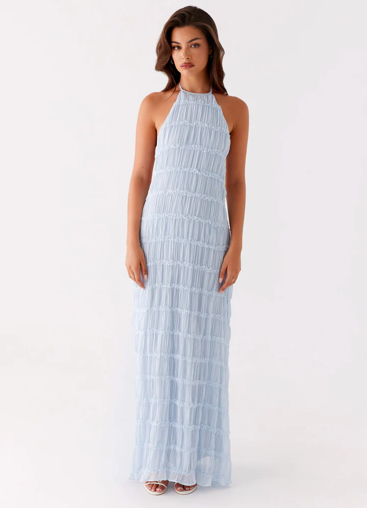Willow - Elegant Women's Wedding Guest Maxi Dress with Halter Neck and Pleated Ruffle Detail