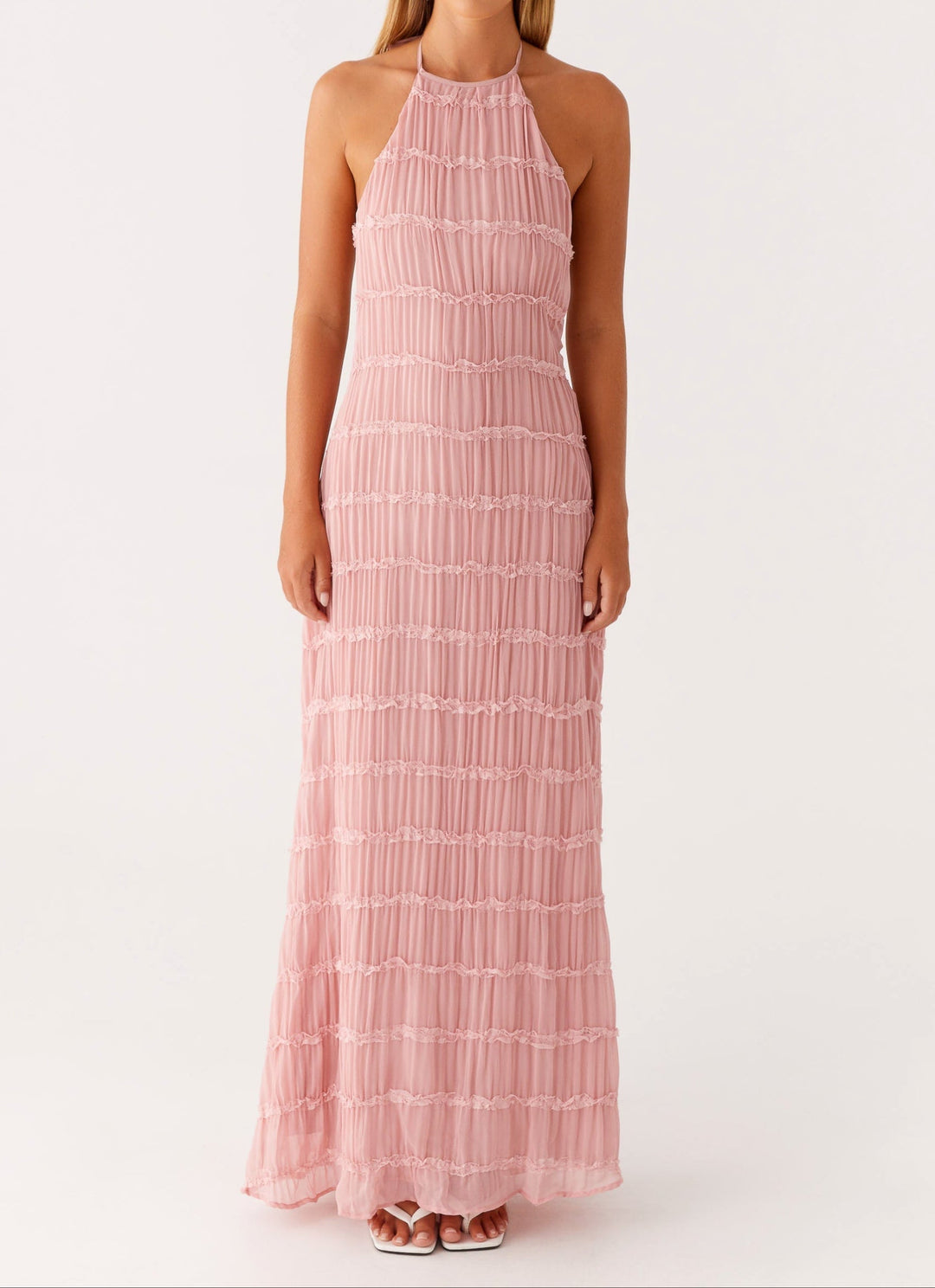 Willow - Elegant Women's Wedding Guest Maxi Dress with Halter Neck and Pleated Ruffle Detail