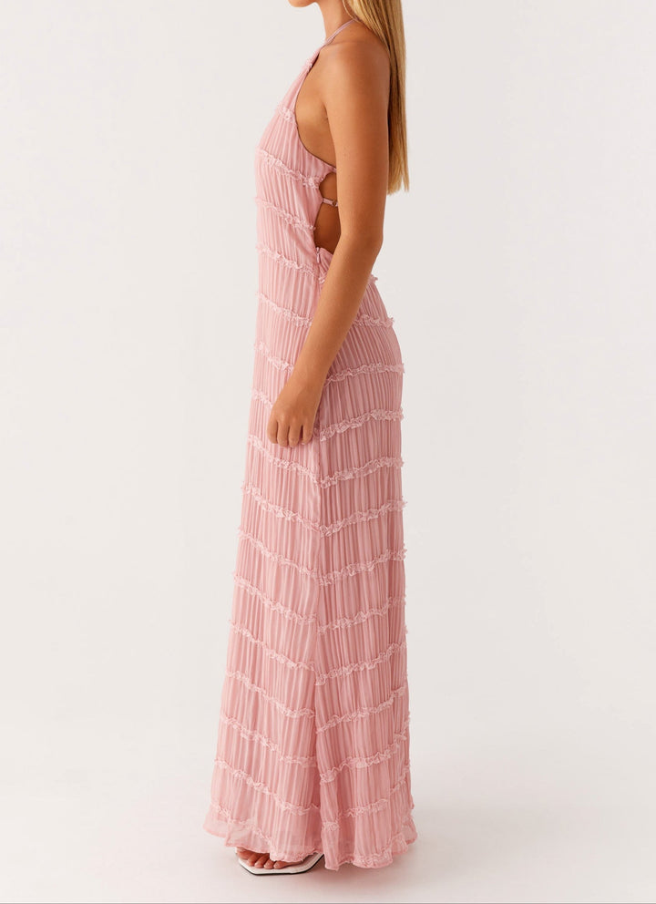 Willow - Elegant Women's Wedding Guest Maxi Dress with Halter Neck and Pleated Ruffle Detail