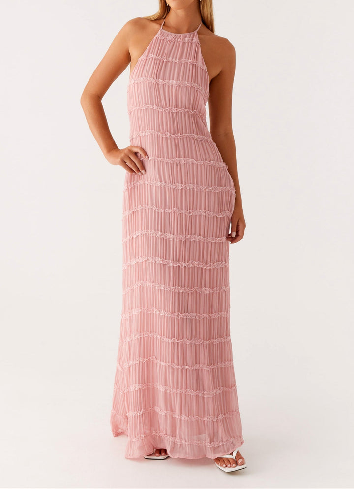 Willow - Elegant Women's Wedding Guest Maxi Dress with Halter Neck and Pleated Ruffle Detail