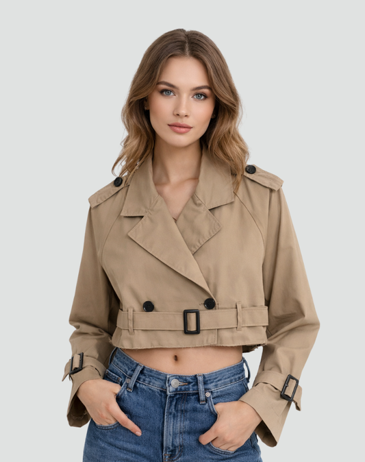 Willow - Women's Short Trench Coat with Belted Waist and Buckle Cuffs