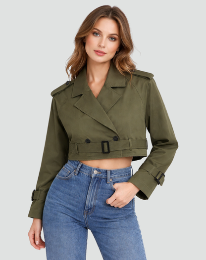 Willow - Women's Short Trench Coat with Belted Waist and Buckle Cuffs