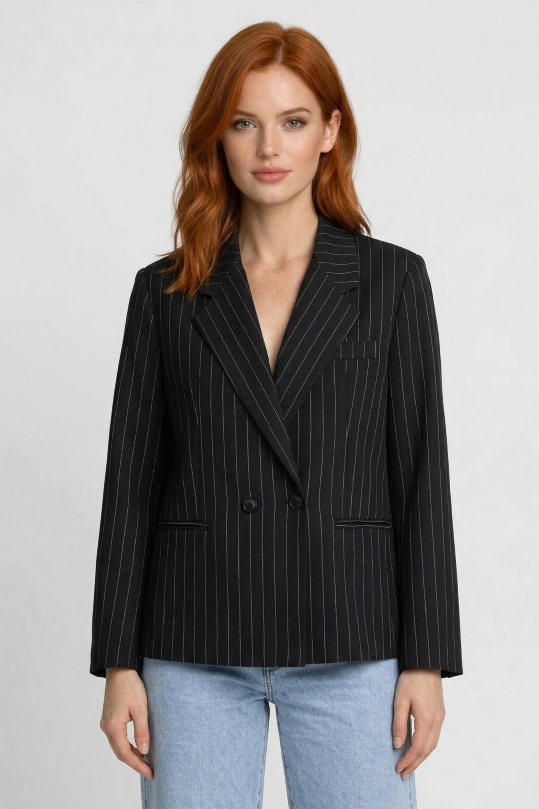 Women's Blazer - Oversized Double Button Pinstripe with Wide Lapels | Elegant
