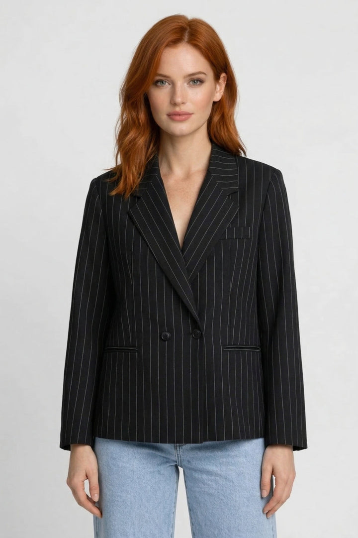 Women's Blazer - Oversized Double Button Pinstripe with Wide Lapels | Elegant