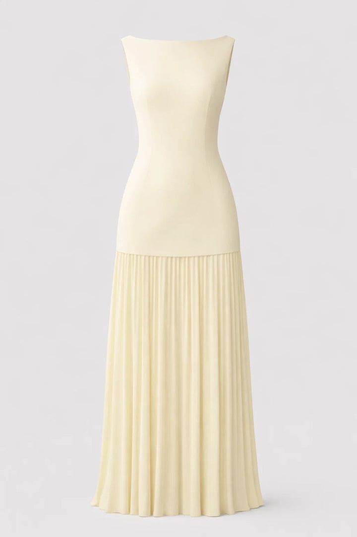 Maxi Dress Women - Boat Neck Sleeveless Fitted Pleated Skirt | Elegant