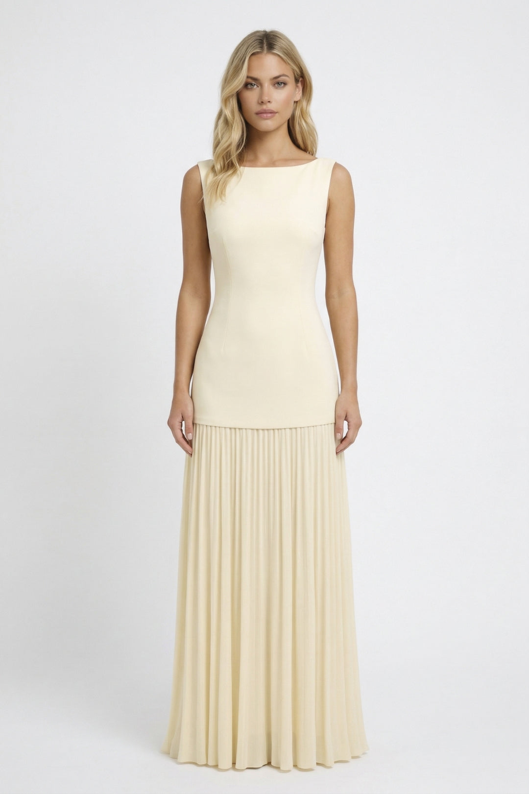 Maxi Dress Women - Boat Neck Sleeveless Fitted Pleated Skirt | Elegant
