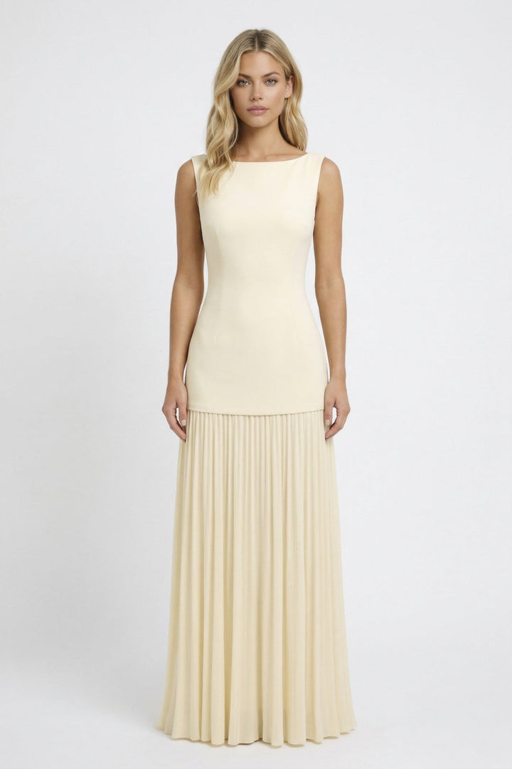 Maxi Dress Women - Boat Neck Sleeveless Fitted Pleated Skirt | Elegant