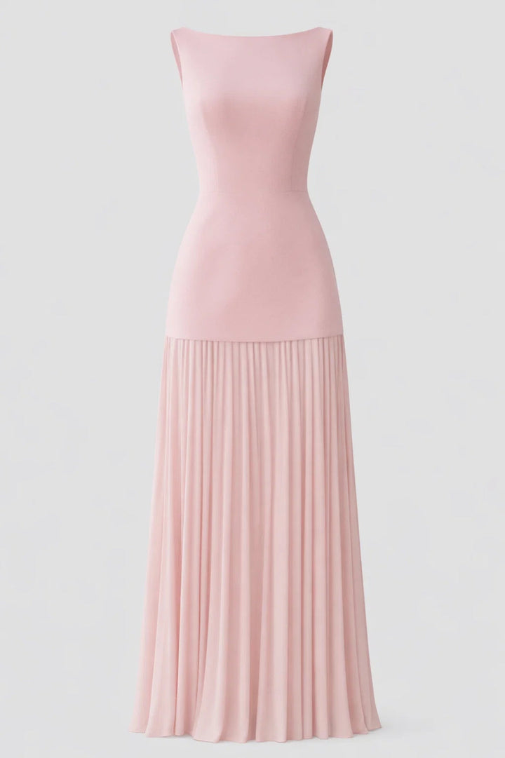 Maxi Dress Women - Boat Neck Sleeveless Fitted Pleated Skirt | Elegant