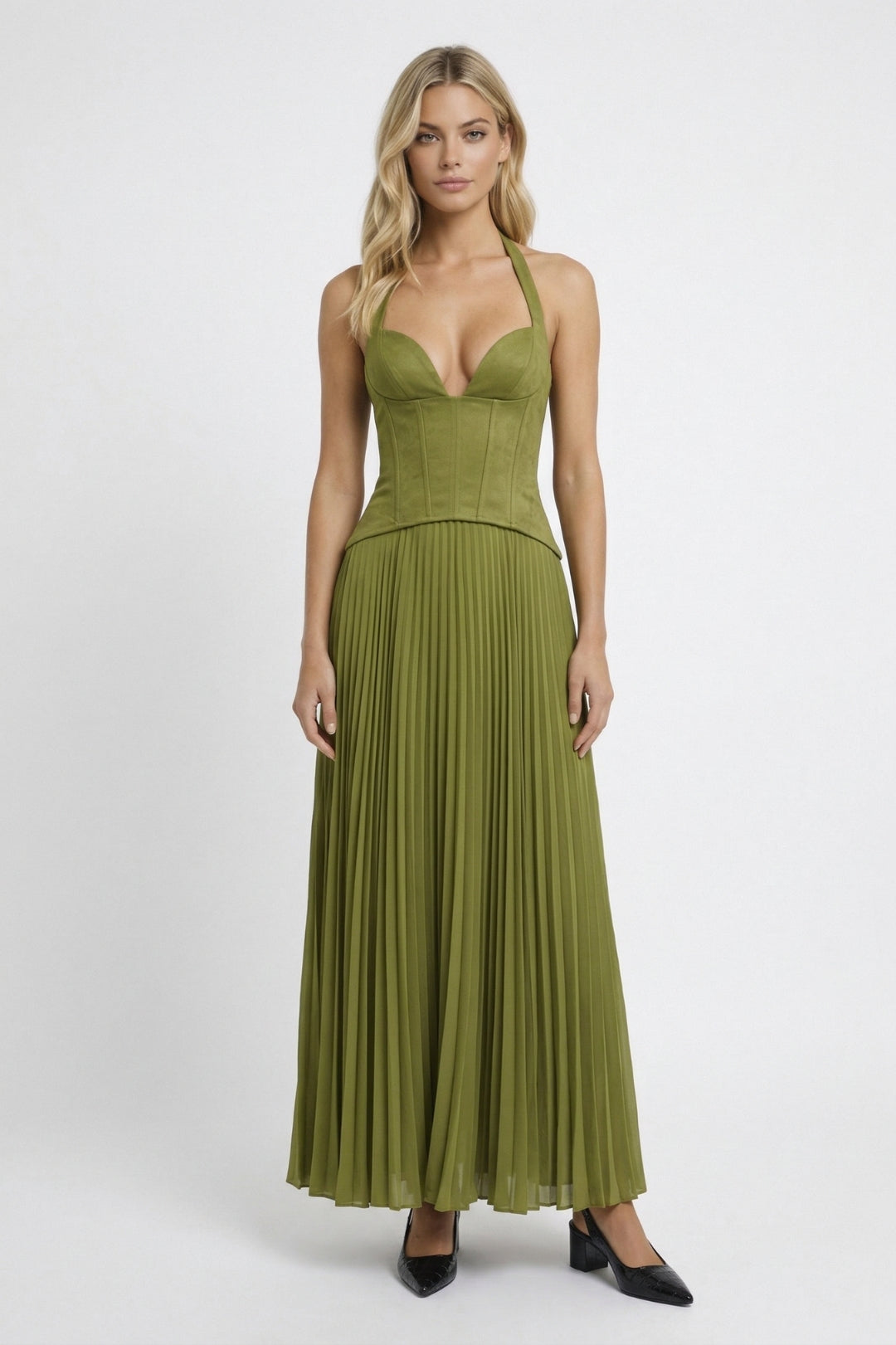 Maxi Dress Women - Halter Corset Bodice with Pleated Skirt | Elegant