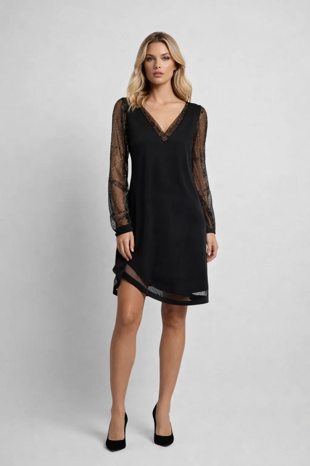 Mini Dress Women - V-Neck Long Sheer Sleeve Asymmetric Hem | Elegant