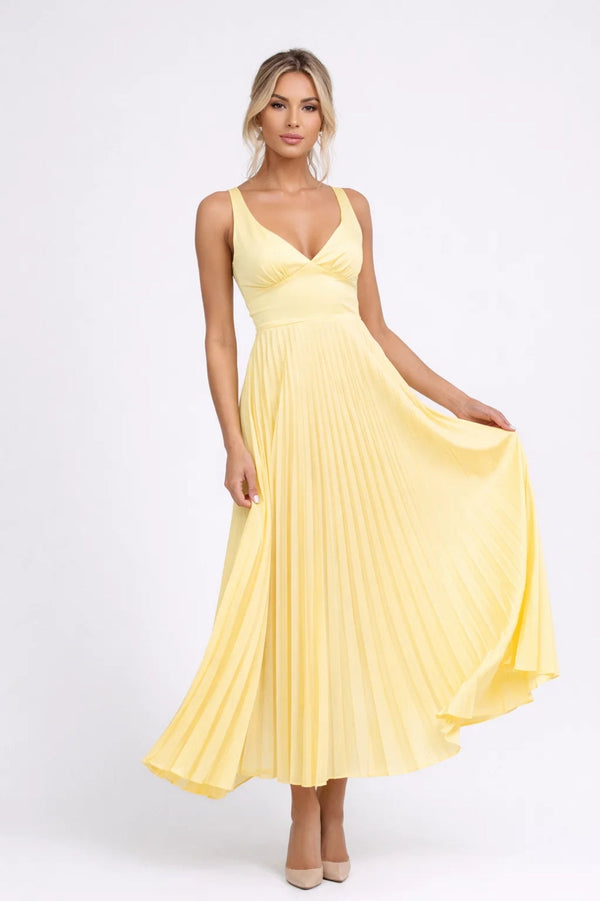 Midi Dress Women - V-Neck Strappy Pleated Skirt Open Back | Elegant