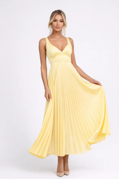 Midi Dress Women - V-Neck Strappy Pleated Skirt Open Back | Elegant