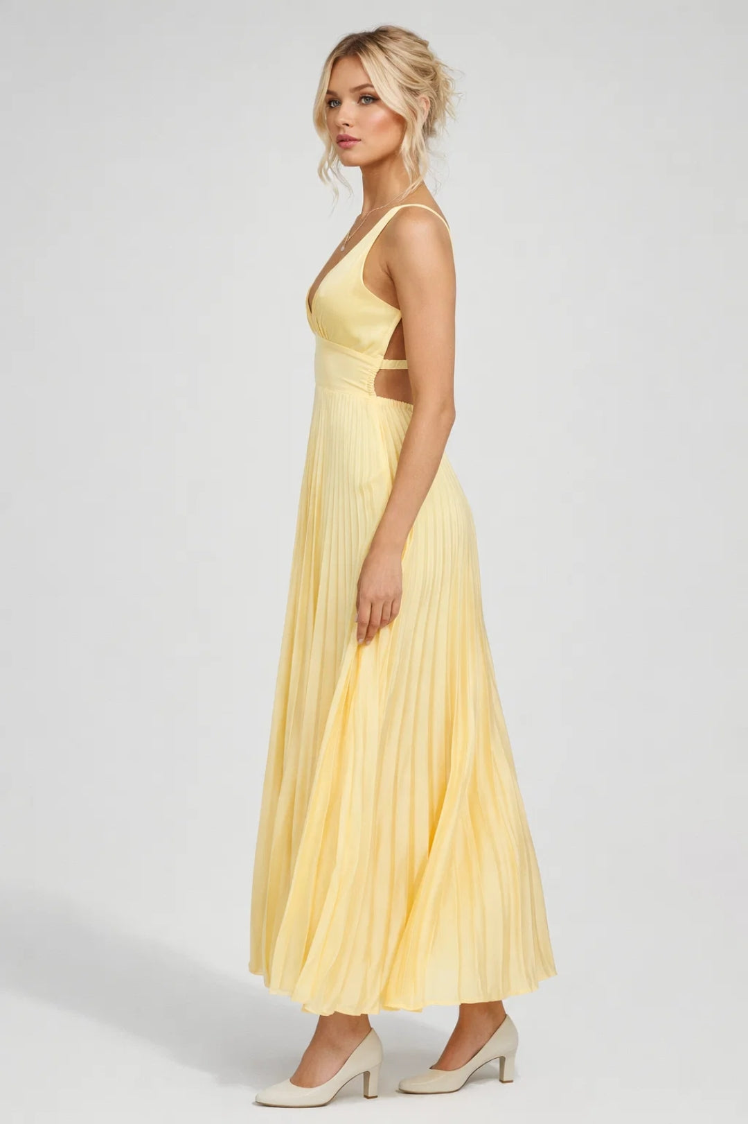 Midi Dress Women - V-Neck Strappy Pleated Skirt Open Back | Elegant