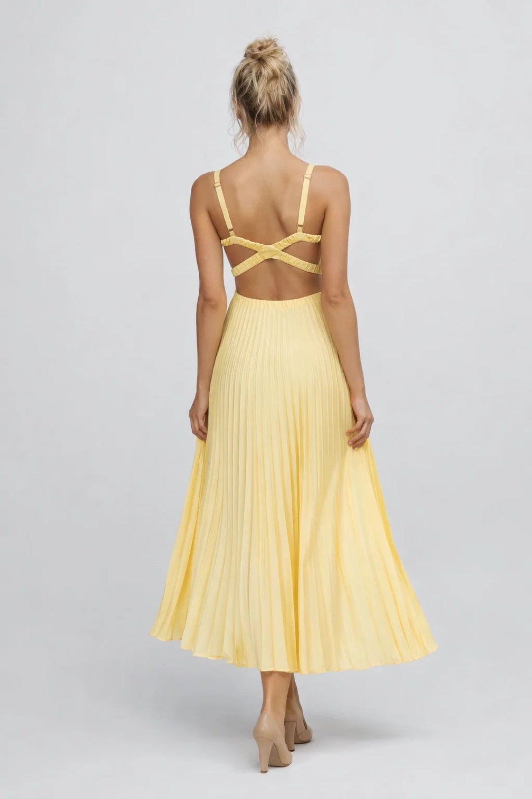 Midi Dress Women - V-Neck Strappy Pleated Skirt Open Back | Elegant