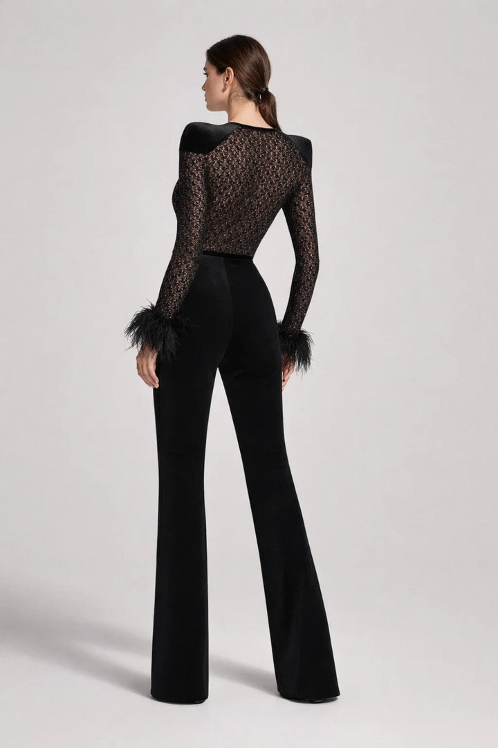 Jumpsuit Women - Long Sleeve Flared Leg Feather Cuff | Gala