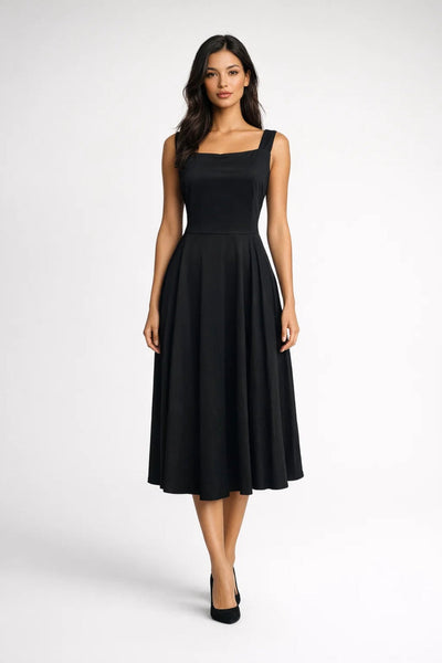 Midi Dress Women - Square Neck Sleeveless Fitted A-Line | Elegant