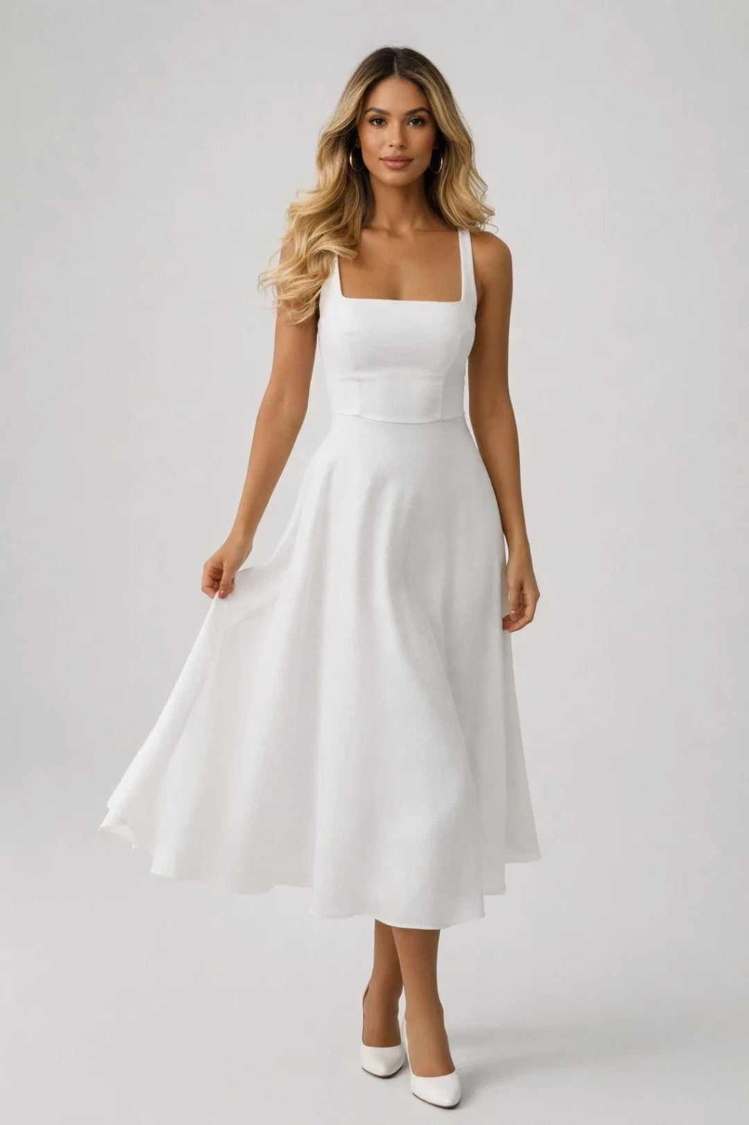 Midi Dress Women - Square Neck Sleeveless Fitted A-Line | Elegant
