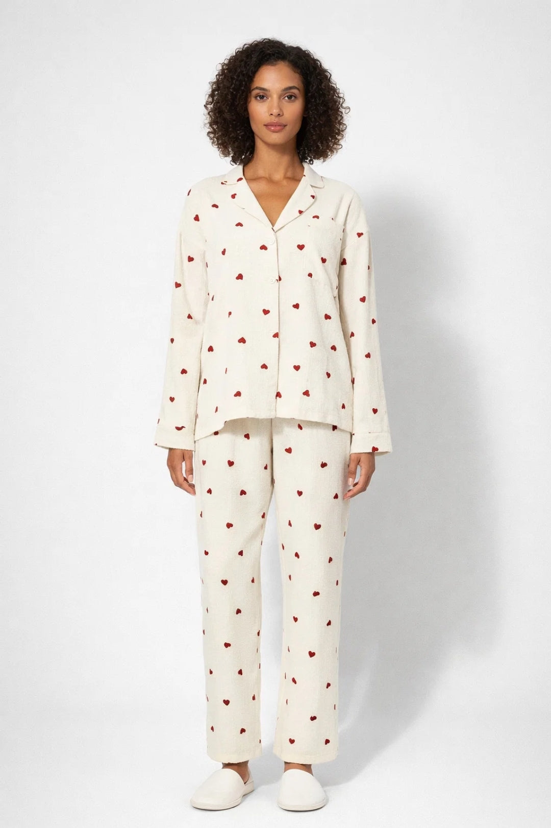 Pyjama Set Women - Long Sleeve Button Front Heart Print | Cosy