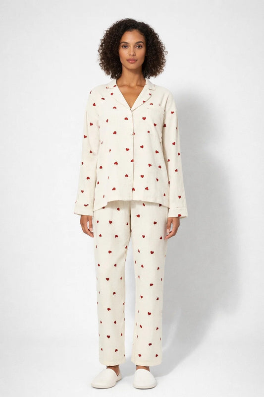 Pyjama Set Women - Long Sleeve Button Front Heart Print | Cosy