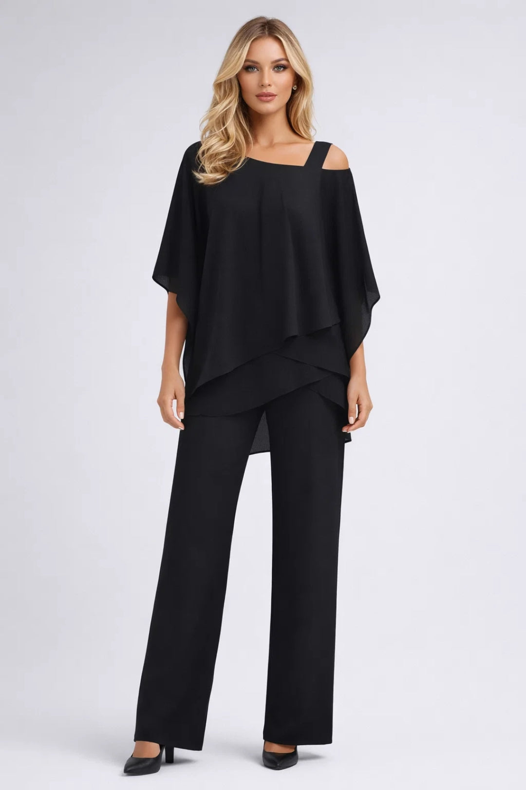 Co-ord Set Women - Asymmetric Overlay Top Wide Leg | Elegant