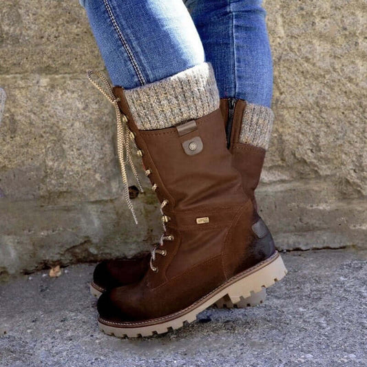 Isla - Women's Winter Boots Lace Up with Knitted Cuff and Chunky Sole