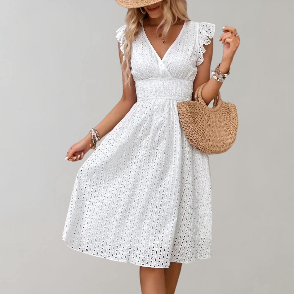 Wren - Boho Women's Summer Midi Dress with V Neck and Broderie Anglaise and Smocked Waist