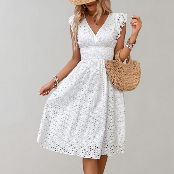 Wren - Boho Women's Summer Midi Dress with V Neck and Broderie Anglaise and Smocked Waist