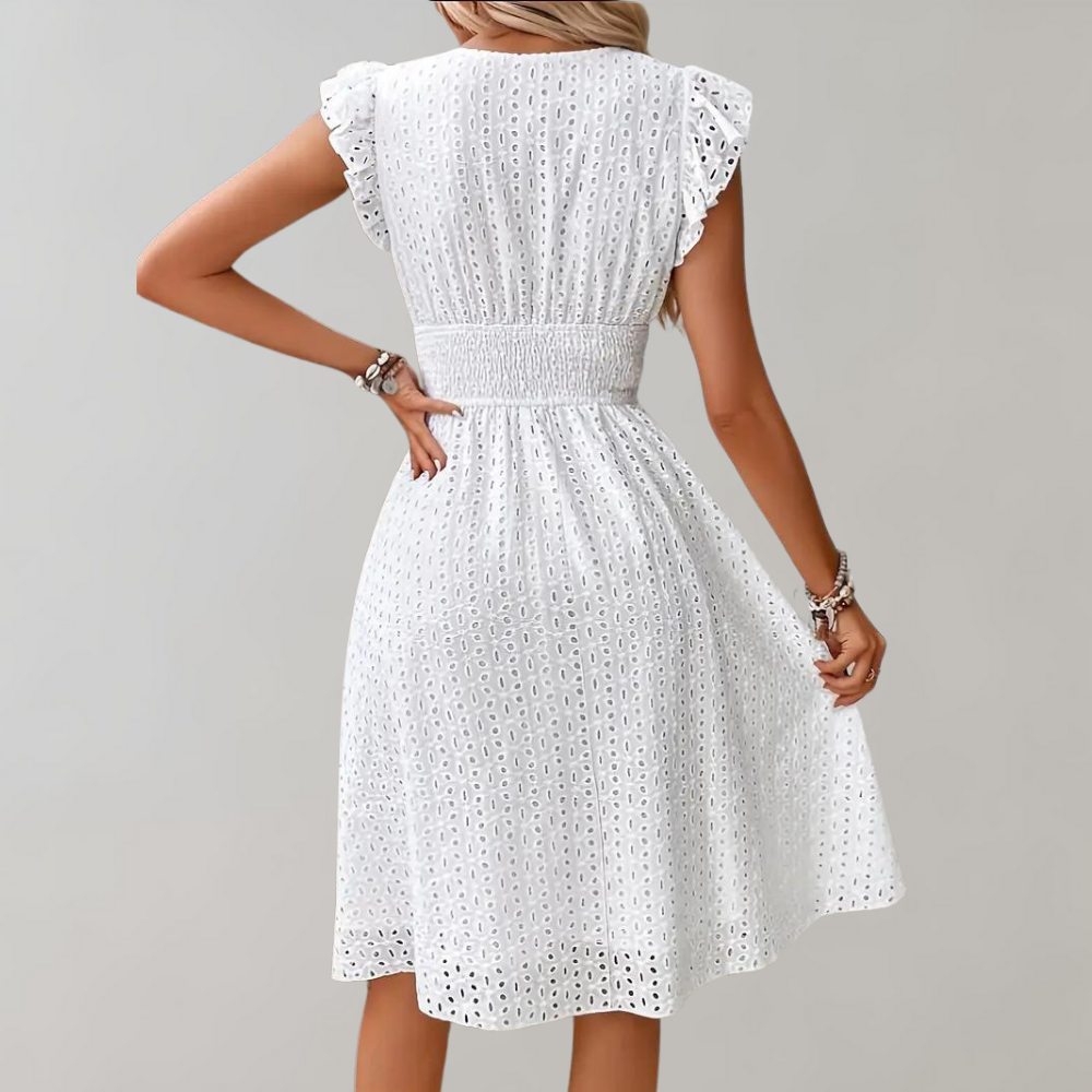 Wren - Boho Women's Summer Midi Dress with V Neck and Broderie Anglaise and Smocked Waist