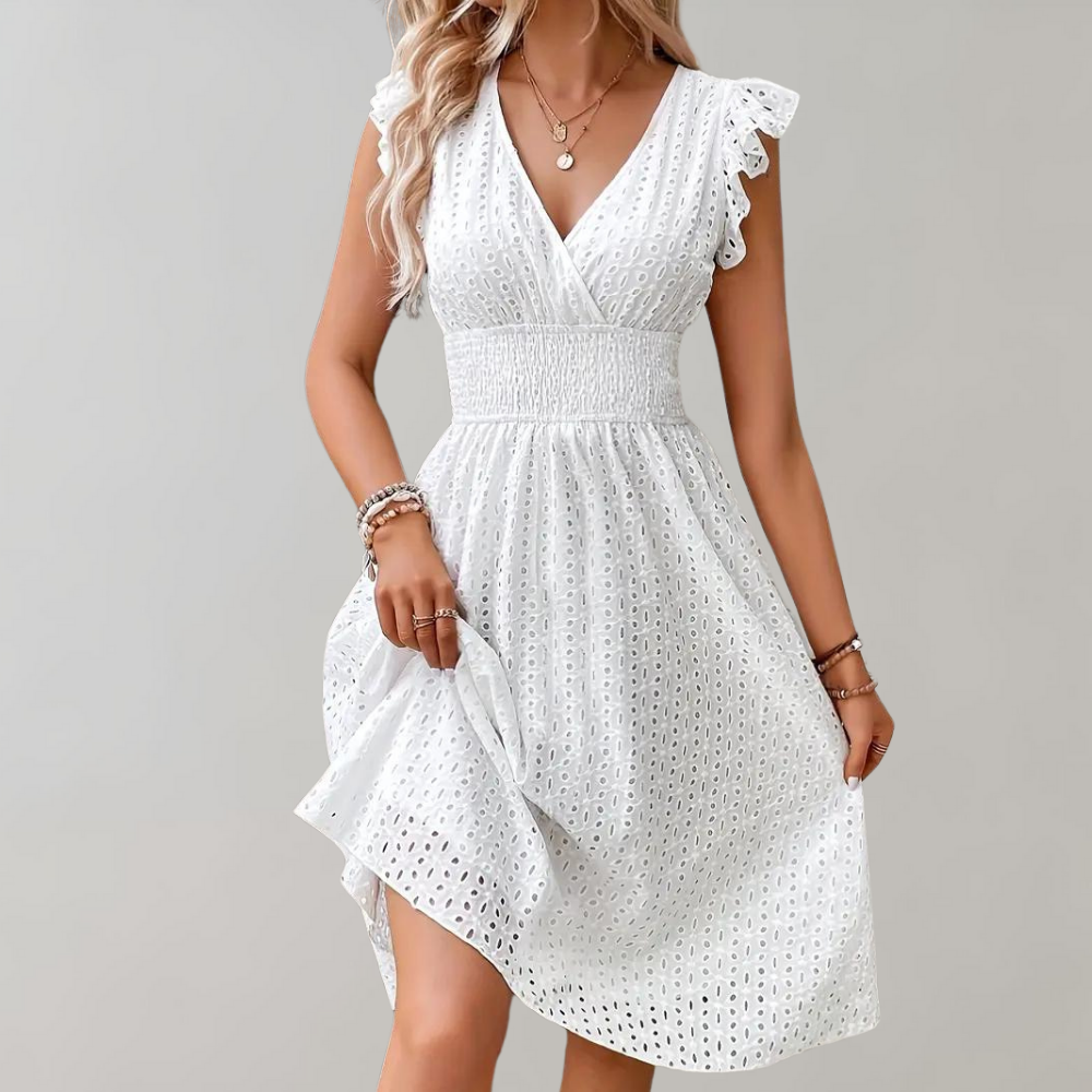 Wren - Boho Women's Summer Midi Dress with V Neck and Broderie Anglaise and Smocked Waist
