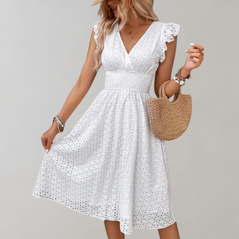 Wren - Boho Women's Summer Midi Dress with V Neck and Broderie Anglaise and Smocked Waist