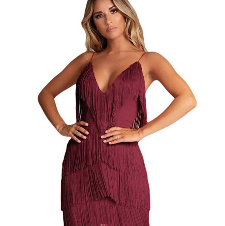 Zara - Glam Women's Wedding Guest Mini Dress with V Neck and Tiered Fringe Detail
