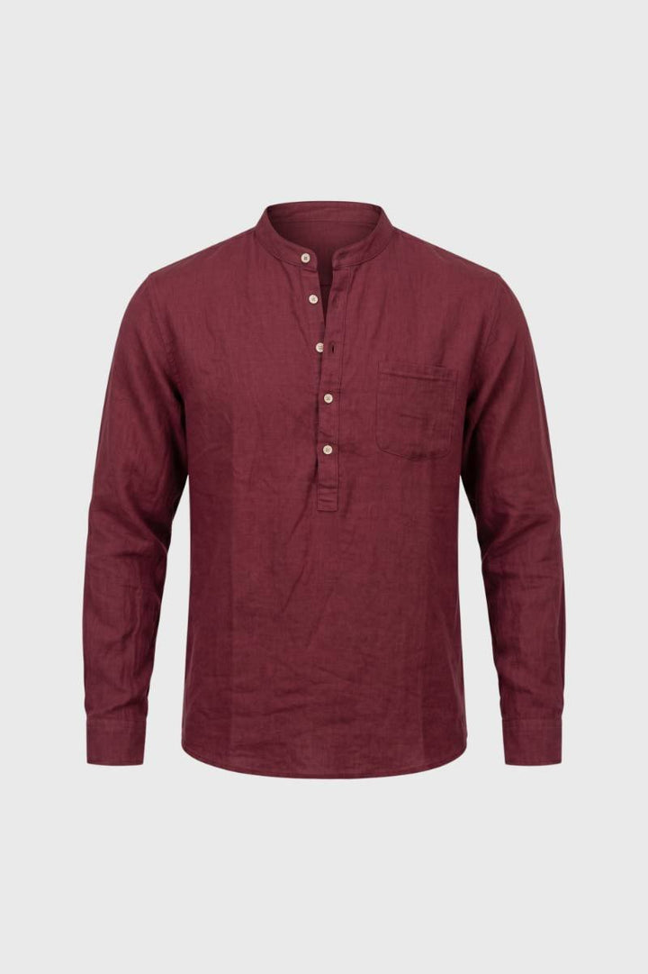 Casual Shirt Men - Henley Style Band Collar | Smart Relaxed — Wine