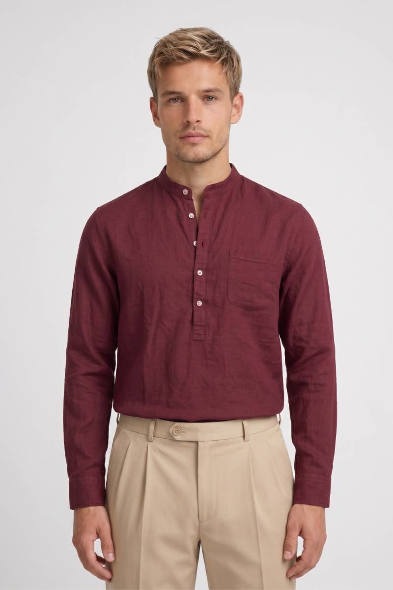 Casual Shirt Men - Henley Style Band Collar | Smart Relaxed — Wine