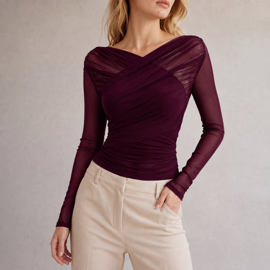 Florence - Women's long sleeve top with ruched wrap and off shoulder neck