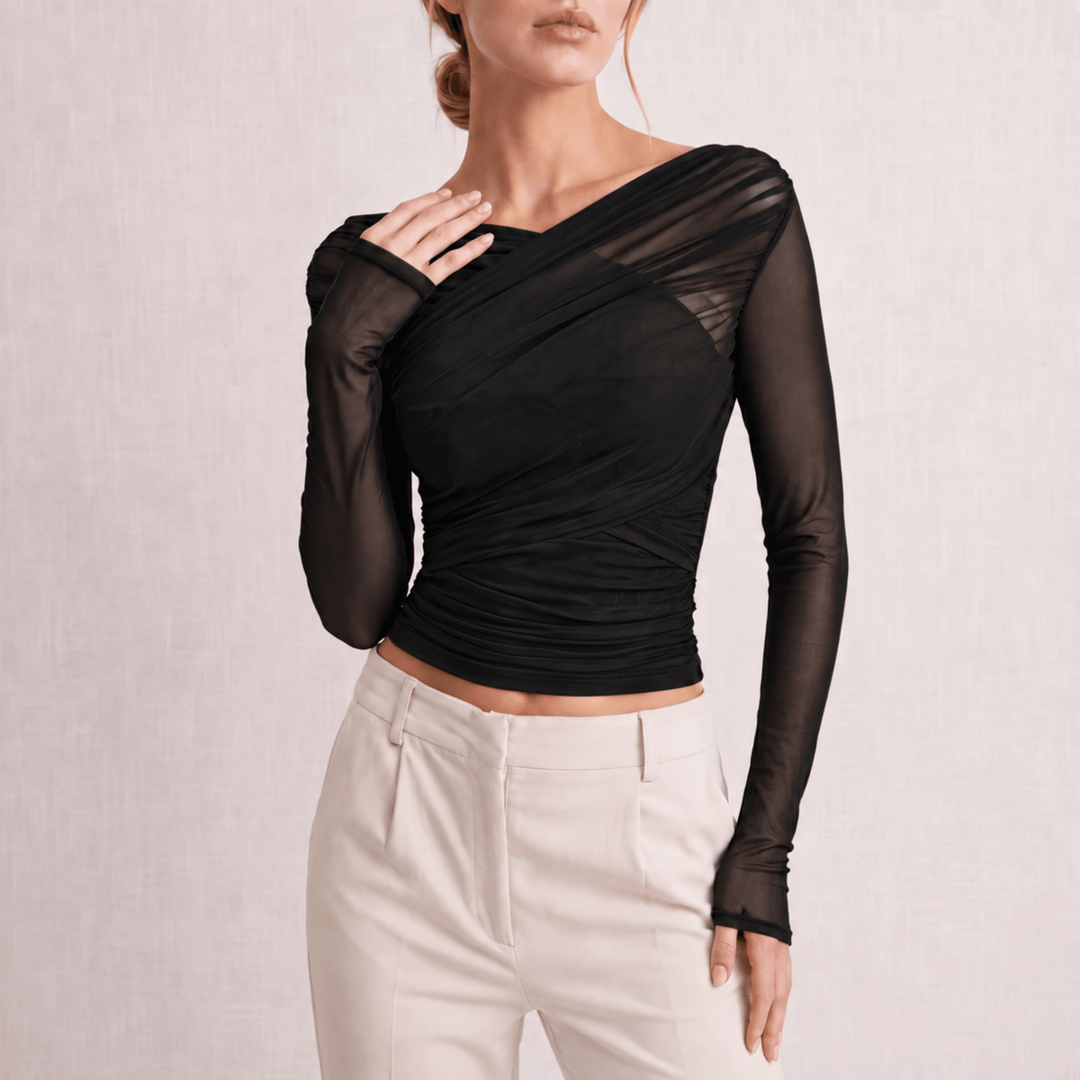 Florence - Women's long sleeve top with ruched wrap and off shoulder neck