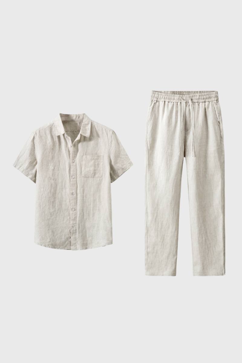 Co-ord Set Men - Button Up Short Sleeve & Drawstring Trousers | Casual — Beige