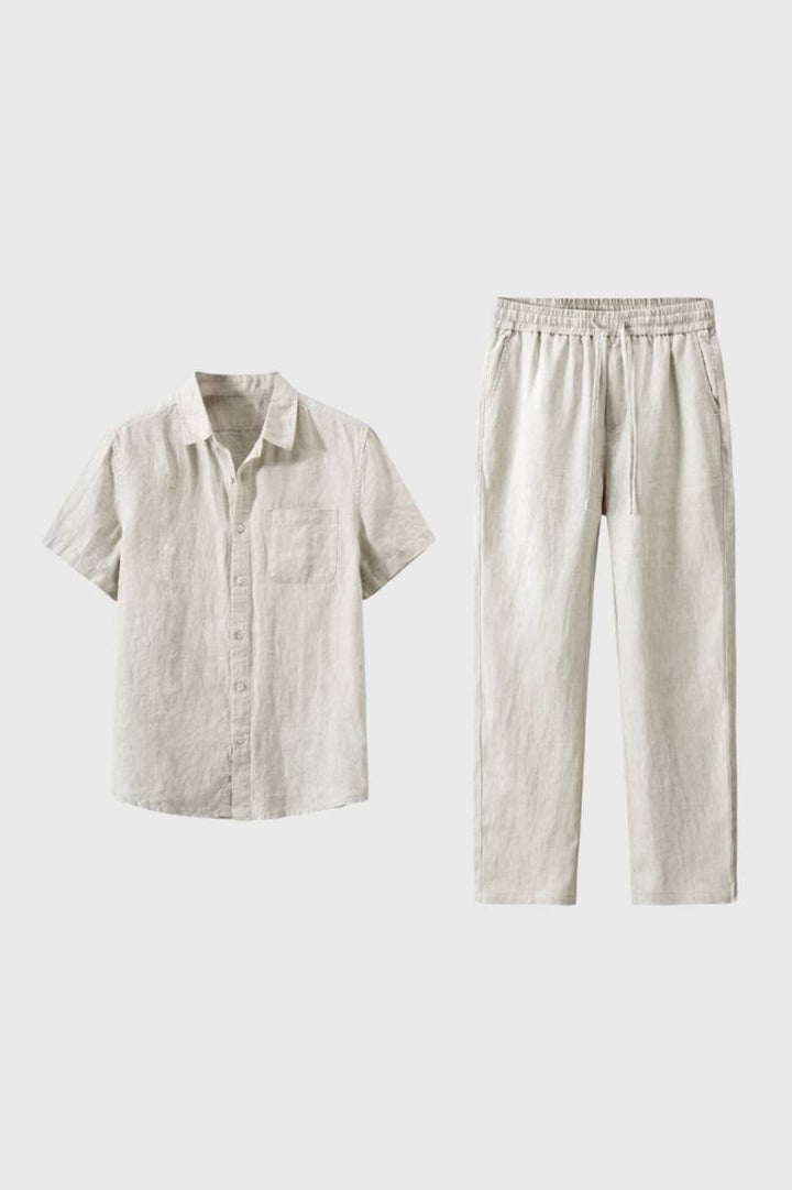 Co-ord Set Men - Button Up Short Sleeve & Drawstring Trousers | Casual — Beige