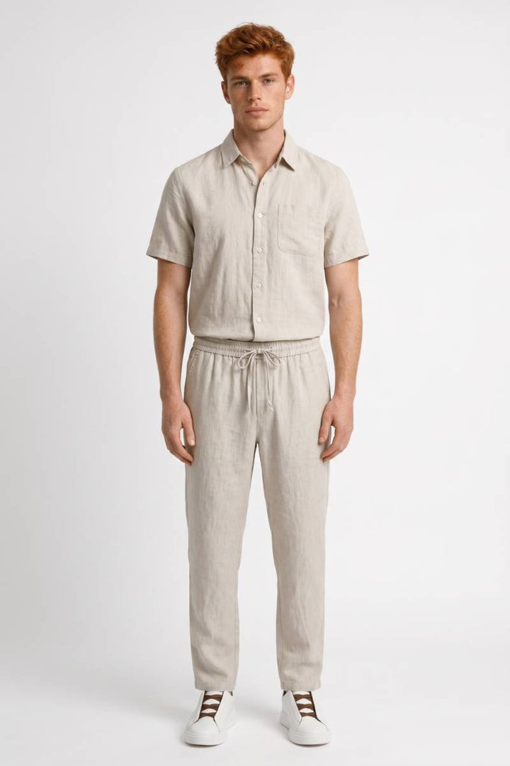 Co-ord Set Men - Button Up Short Sleeve & Drawstring Trousers | Casual — Beige