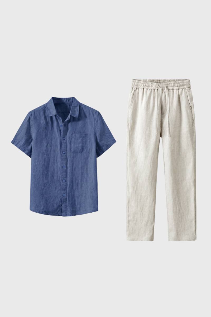 Co-ord Set Men - Button Up Short Sleeve & Drawstring Trousers | Casual — Navy