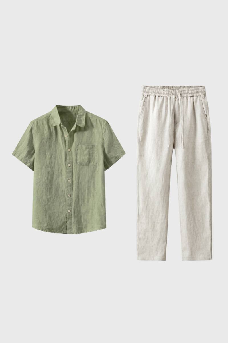 Co-ord Set Men - Button Up Short Sleeve & Drawstring Trousers | Casual — Sage