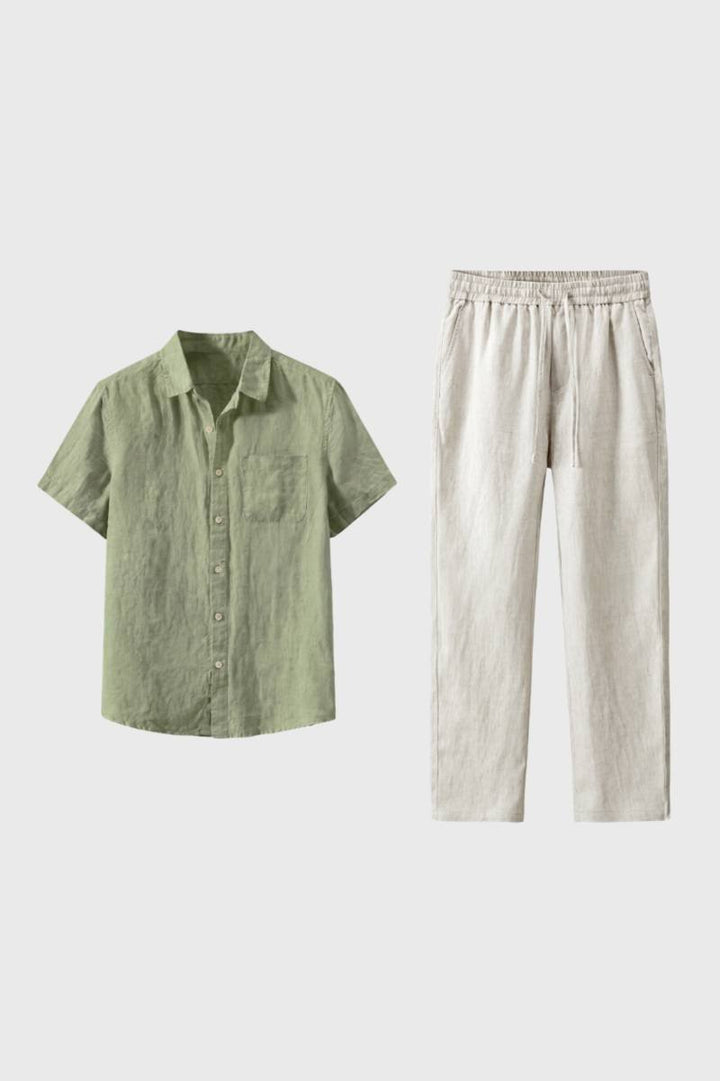 Co-ord Set Men - Button Up Short Sleeve & Drawstring Trousers | Casual — Sage