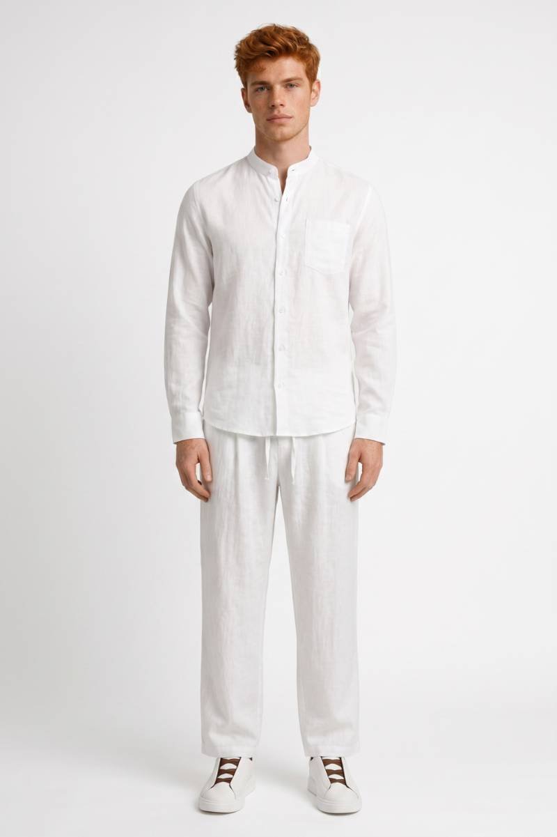 Co-ord Set Men - Grandad Collar Button Up Shirt & Trousers | Relaxed — White