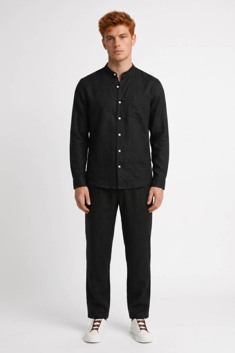 Co-ord Set Men - Grandad Collar Button Up Shirt & Trousers | Relaxed — Black